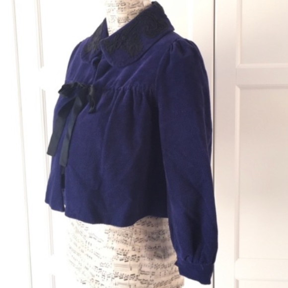 Anthropologie Elevenses Blue Corduroy Embroidered Cropped Jacket 8 - Picture 2 of 11